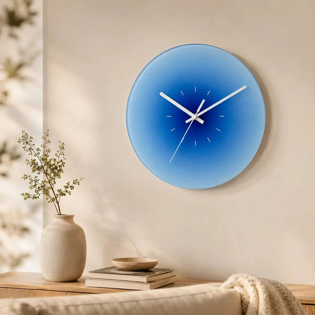 SkyGlow Sky-Inspired Glass Wall Clock in a modern Japandi living room