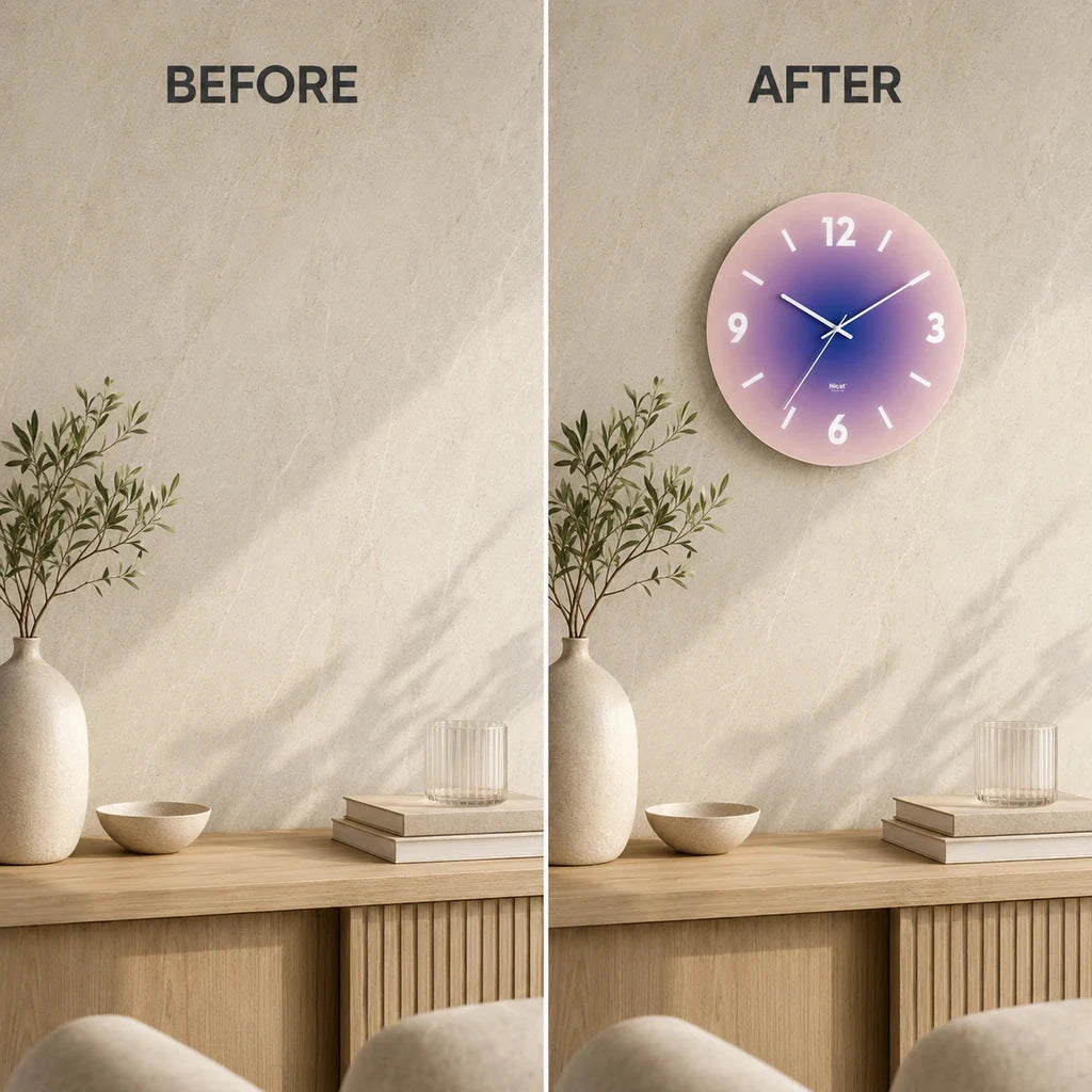 SkyGlow Sky-Inspired Glass Wall Clock before and after