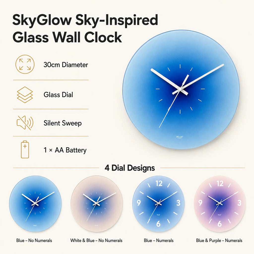 SkyGlow Sky-Inspired Glass Wall Clock specifications and dial designs