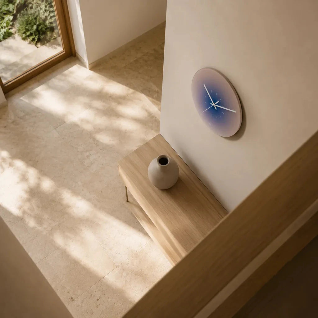 SkyGlow Sky-Inspired Glass Wall Clock overhead interior view
