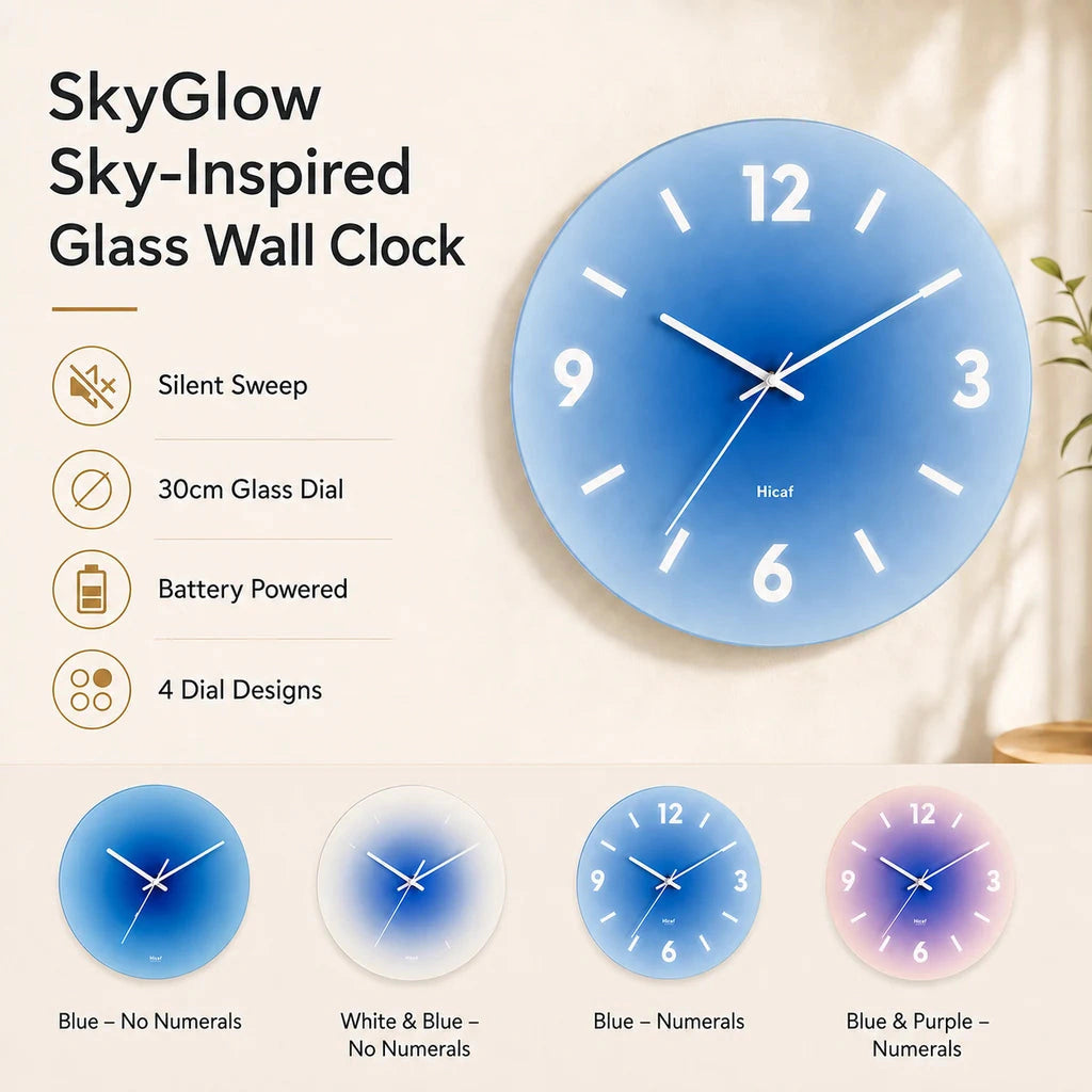 SkyGlow Sky-Inspired Glass Wall Clock benefits and dial designs