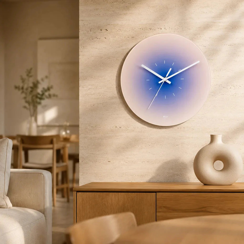 SkyGlow Sky-Inspired Glass Wall Clock in a premium modern interior