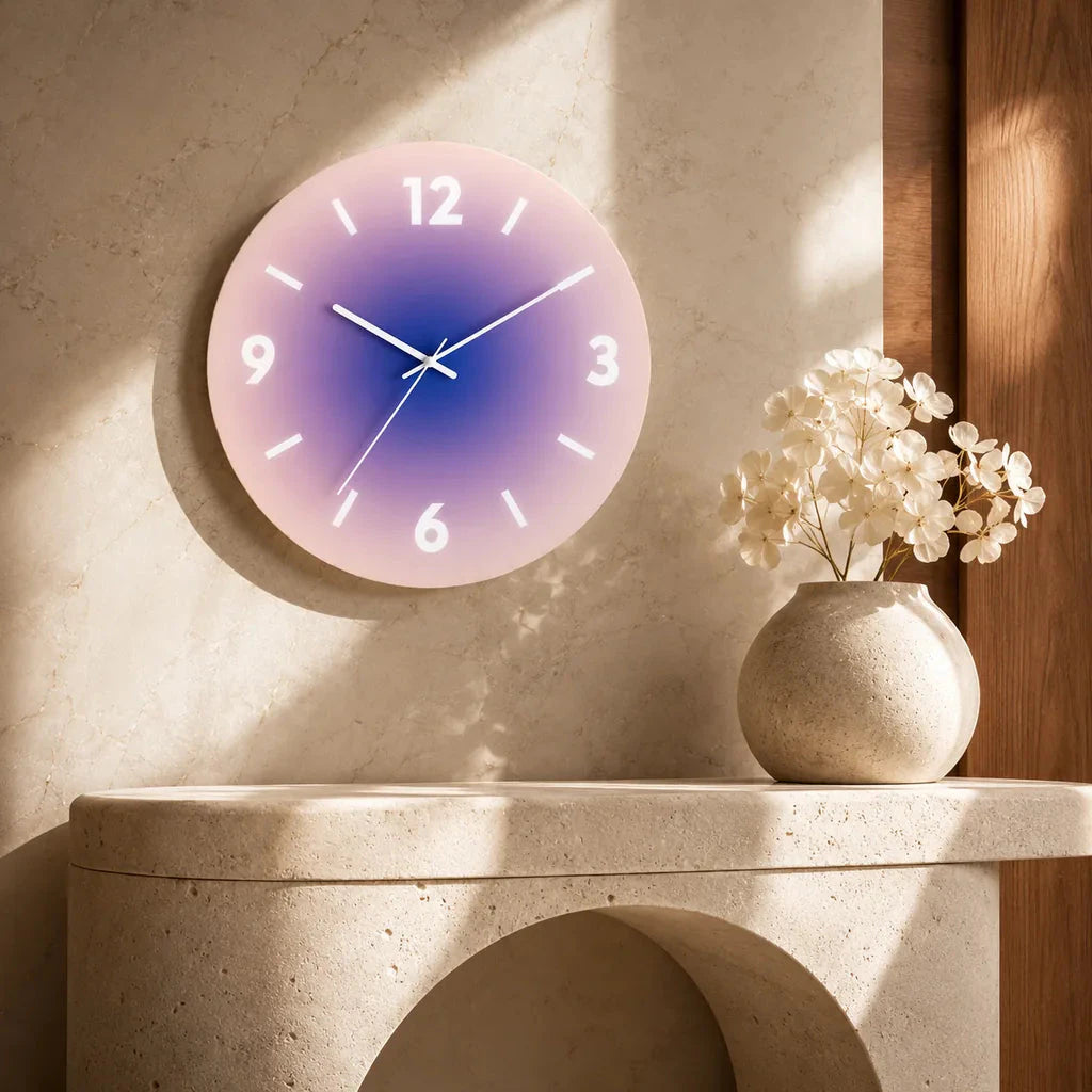 SkyGlow Sky-Inspired Glass Wall Clock in a discreet luxury interior