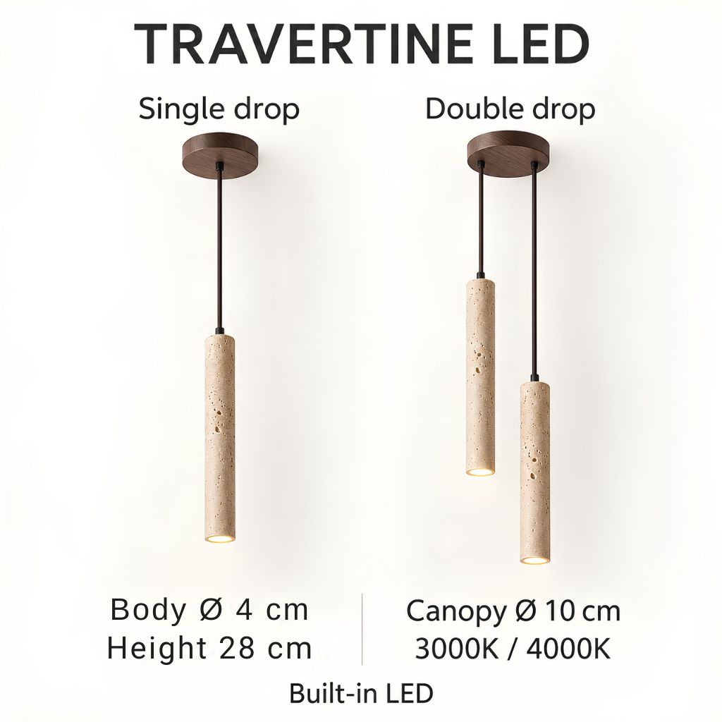 Slim Travertine LED Pendant Light with Wood Canopy