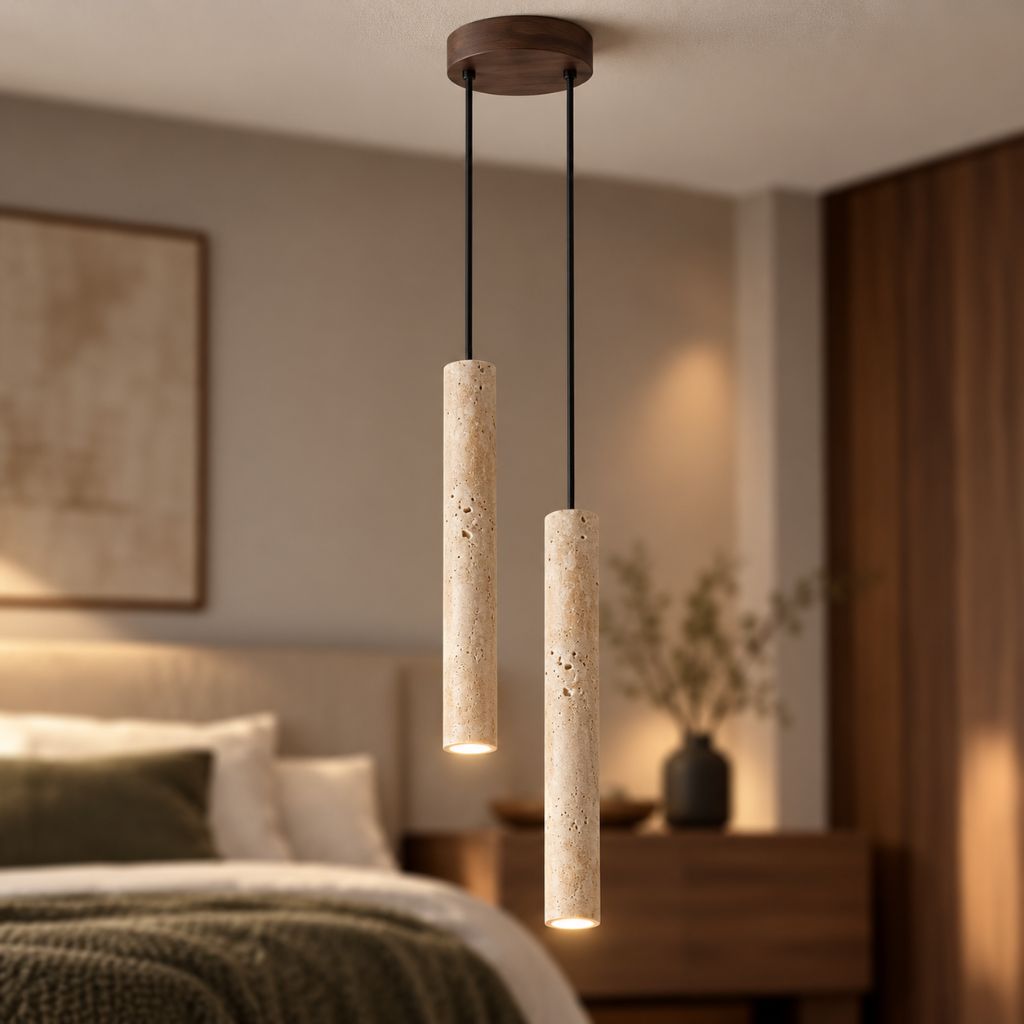 Slim Travertine LED Pendant Light with Wood Canopy