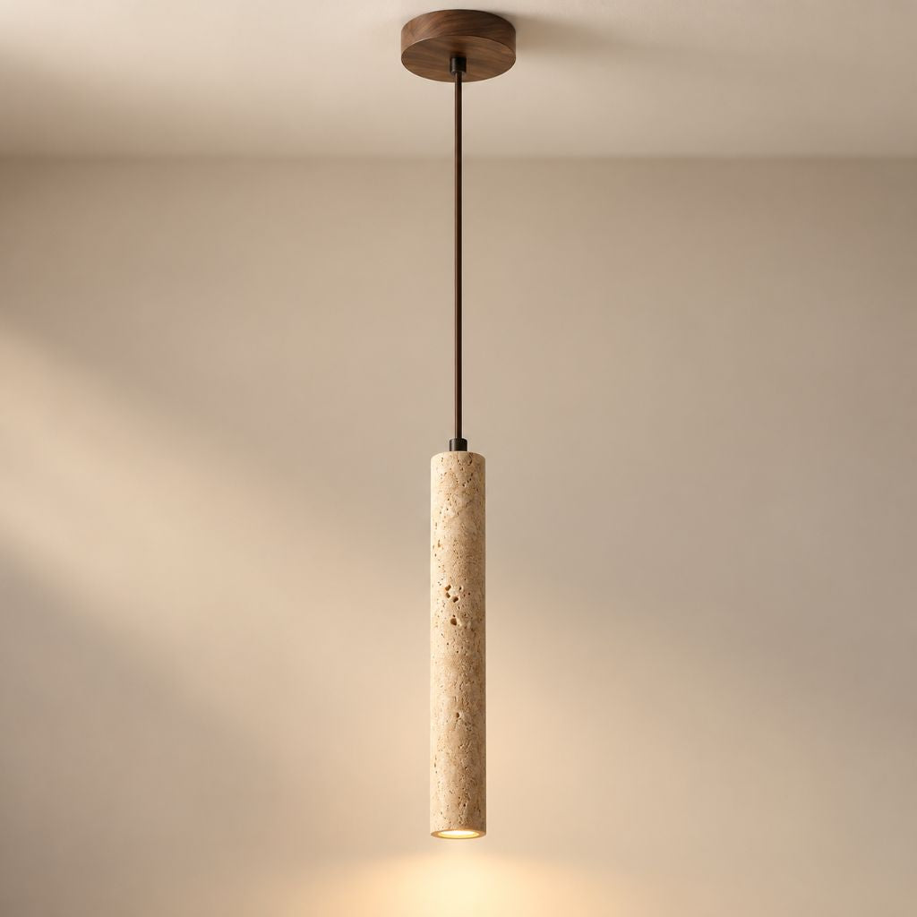 Slim Travertine LED Pendant Light with Wood Canopy