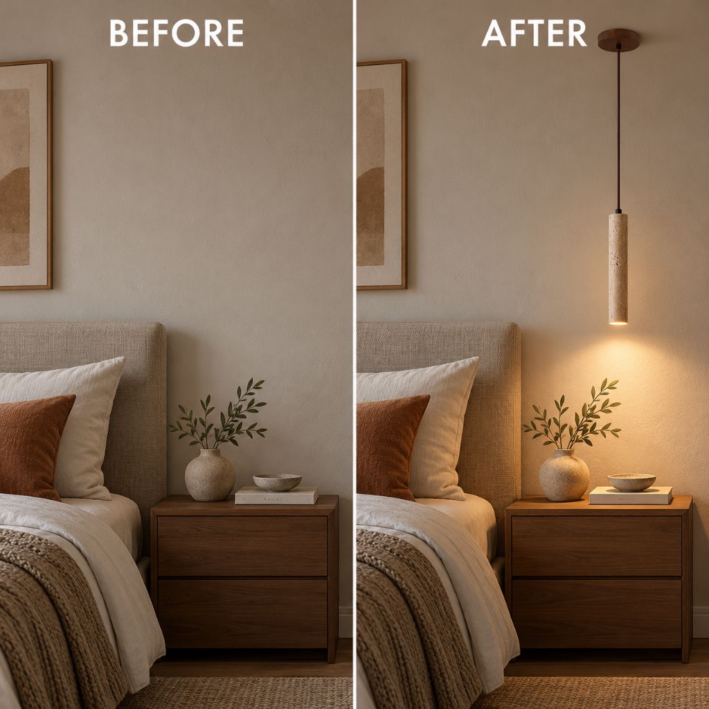 Slim Travertine LED Pendant Light with Wood Canopy