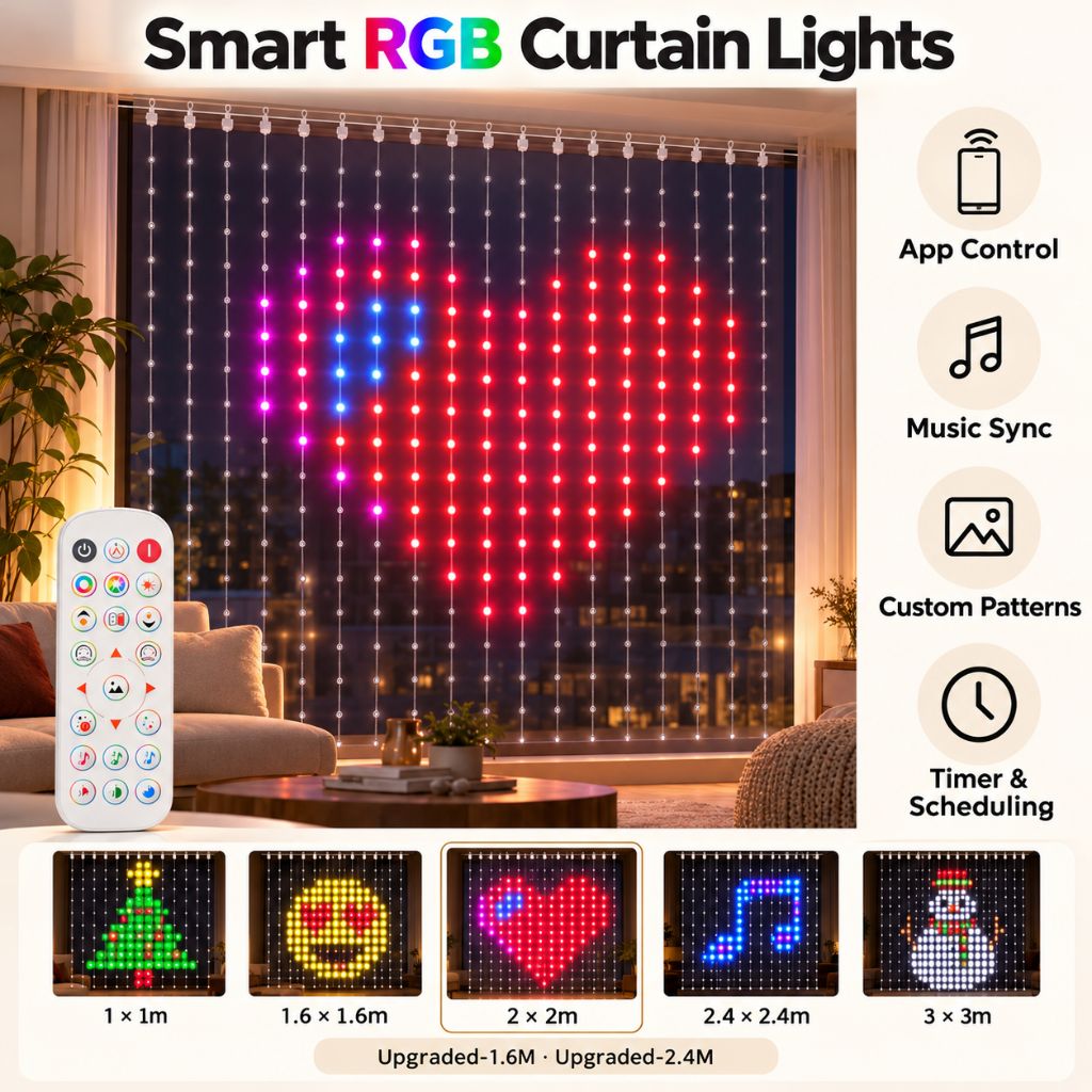 Smart RGB LED Curtain Lights with App Control and Music Sync
