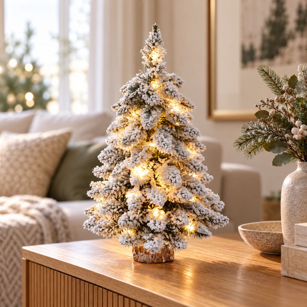 Snow-Flocked Tabletop Christmas Tree with Wooden Base