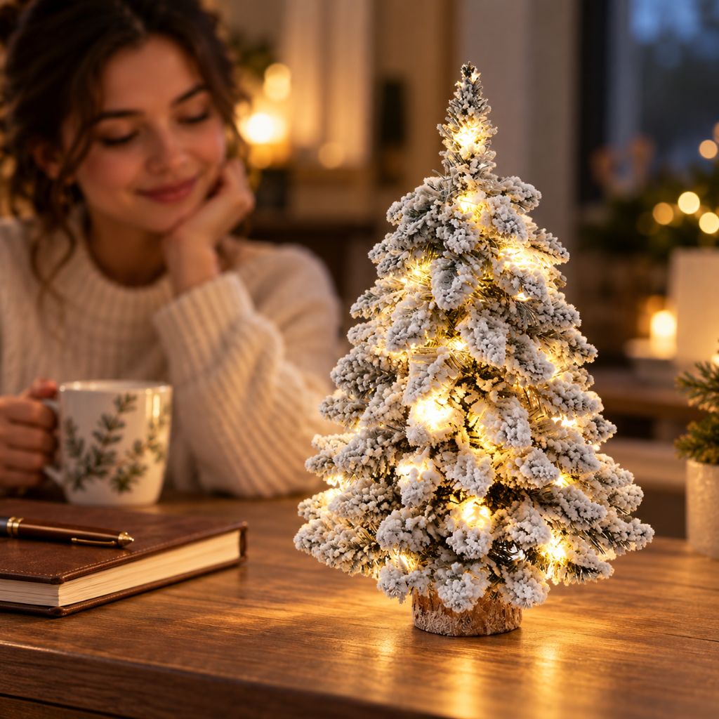 Snow-Flocked Tabletop Christmas Tree with Wooden Base