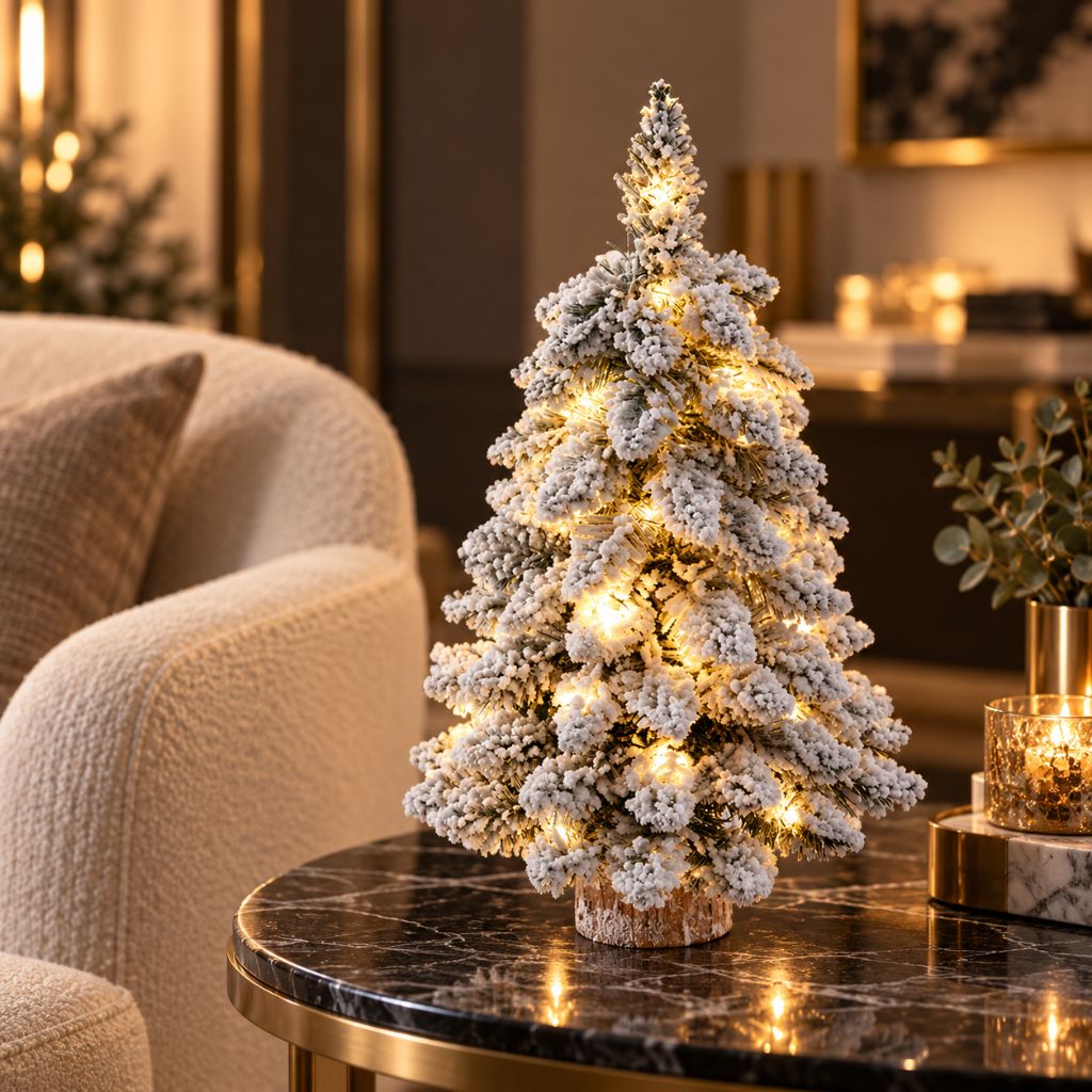 Snow-Flocked Tabletop Christmas Tree with Wooden Base