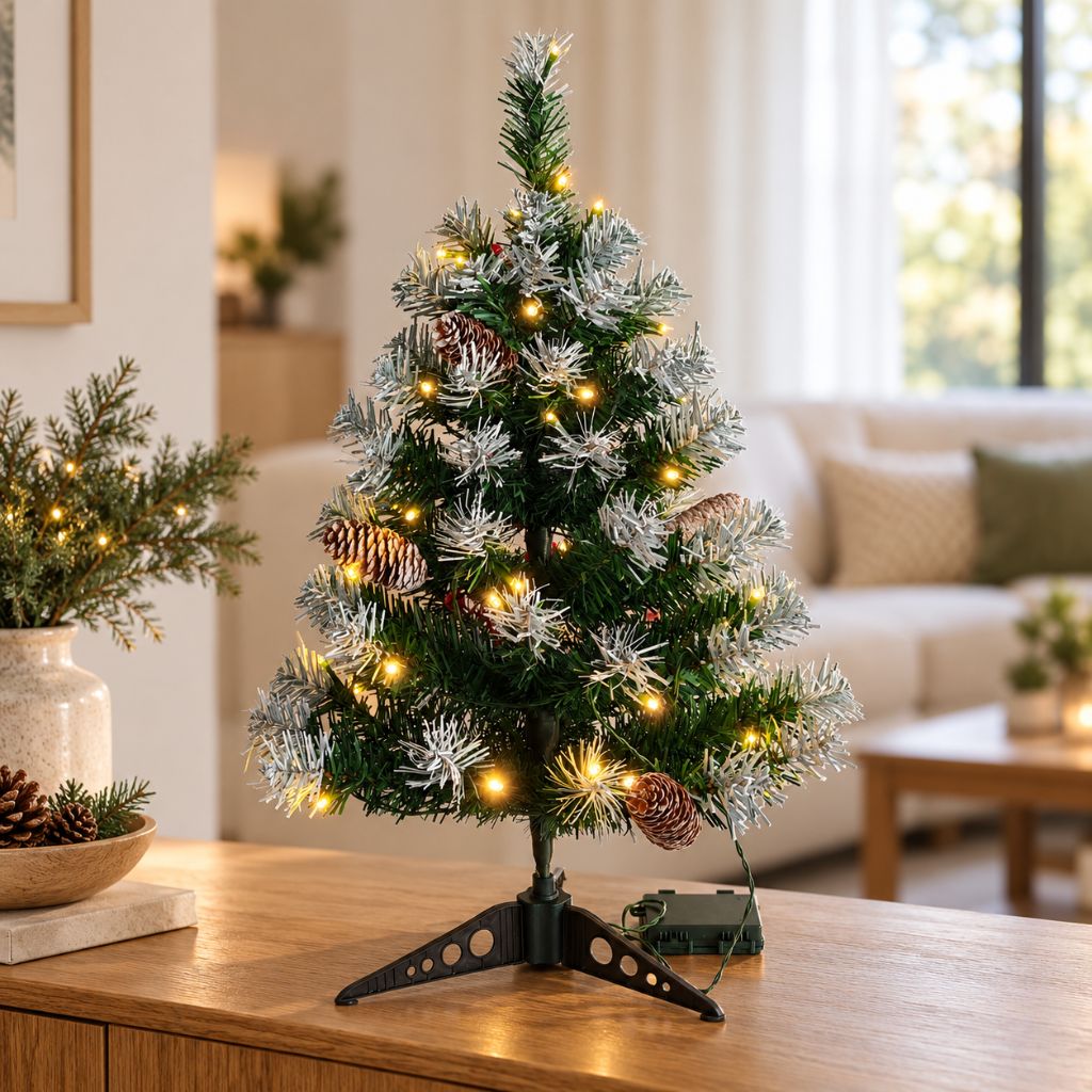 Snow-Tipped Tabletop Christmas Tree with Pinecones