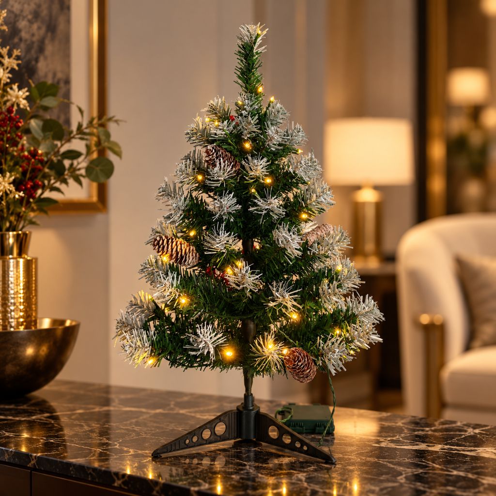 Snow-Tipped Tabletop Christmas Tree with Pinecones