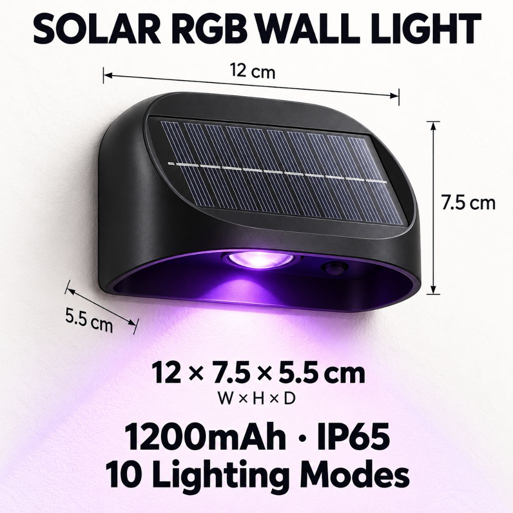 Solar RGB LED Outdoor Wall Light with 10 Lighting Modes IP65