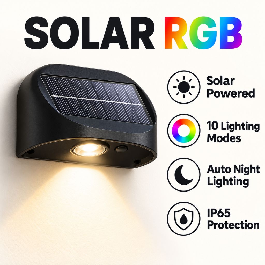 Solar RGB LED Outdoor Wall Light with 10 Lighting Modes IP65