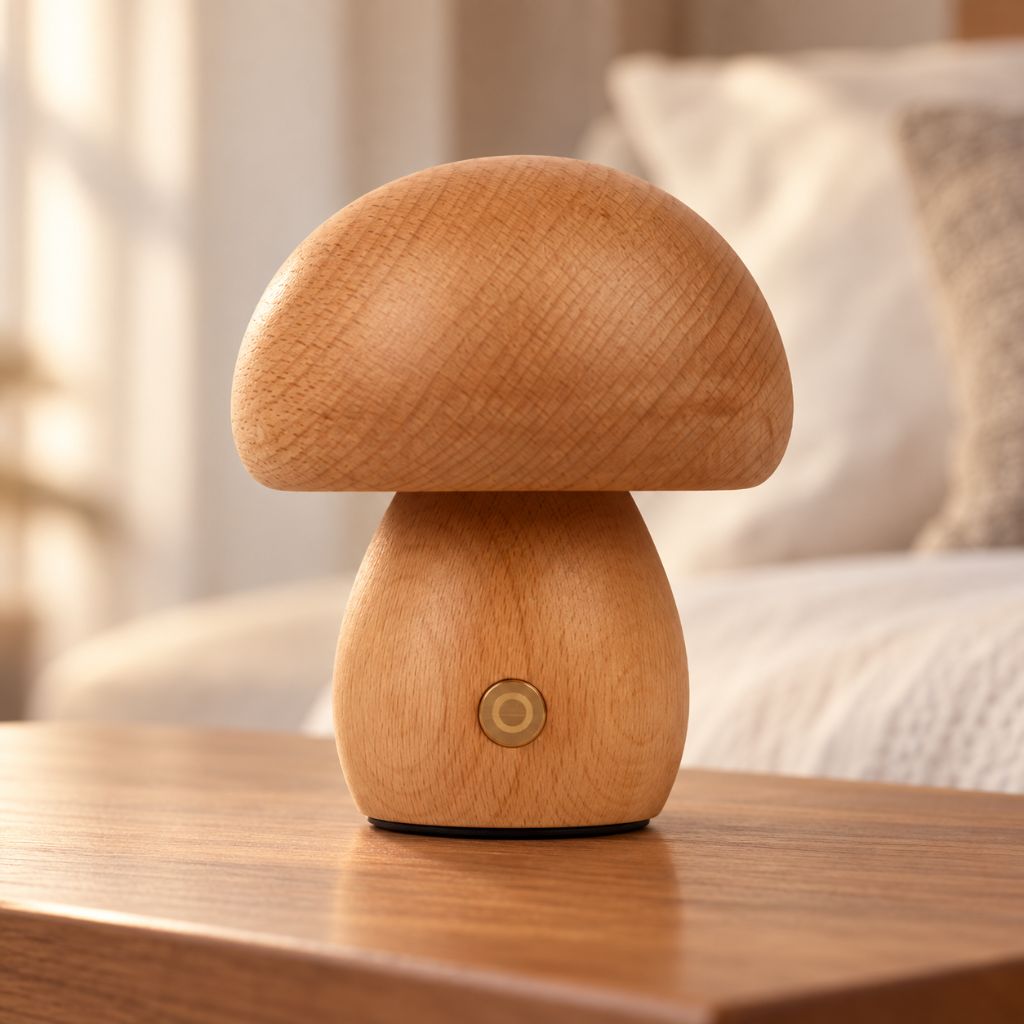 Solid Wood Mushroom LED Night Light with Touch Dimming