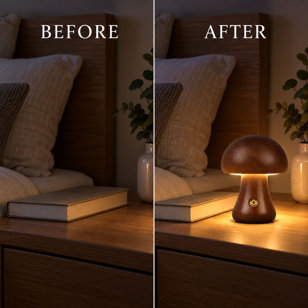 Solid Wood Mushroom LED Night Light with Touch Dimming