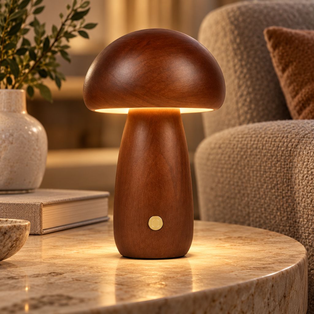 Solid Wood Mushroom LED Night Light with Touch Dimming