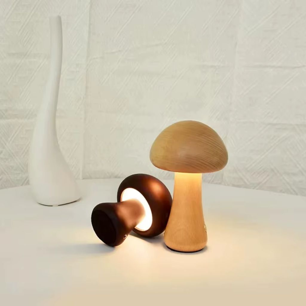 Solid Wood Mushroom LED Night Light with Touch Dimming
