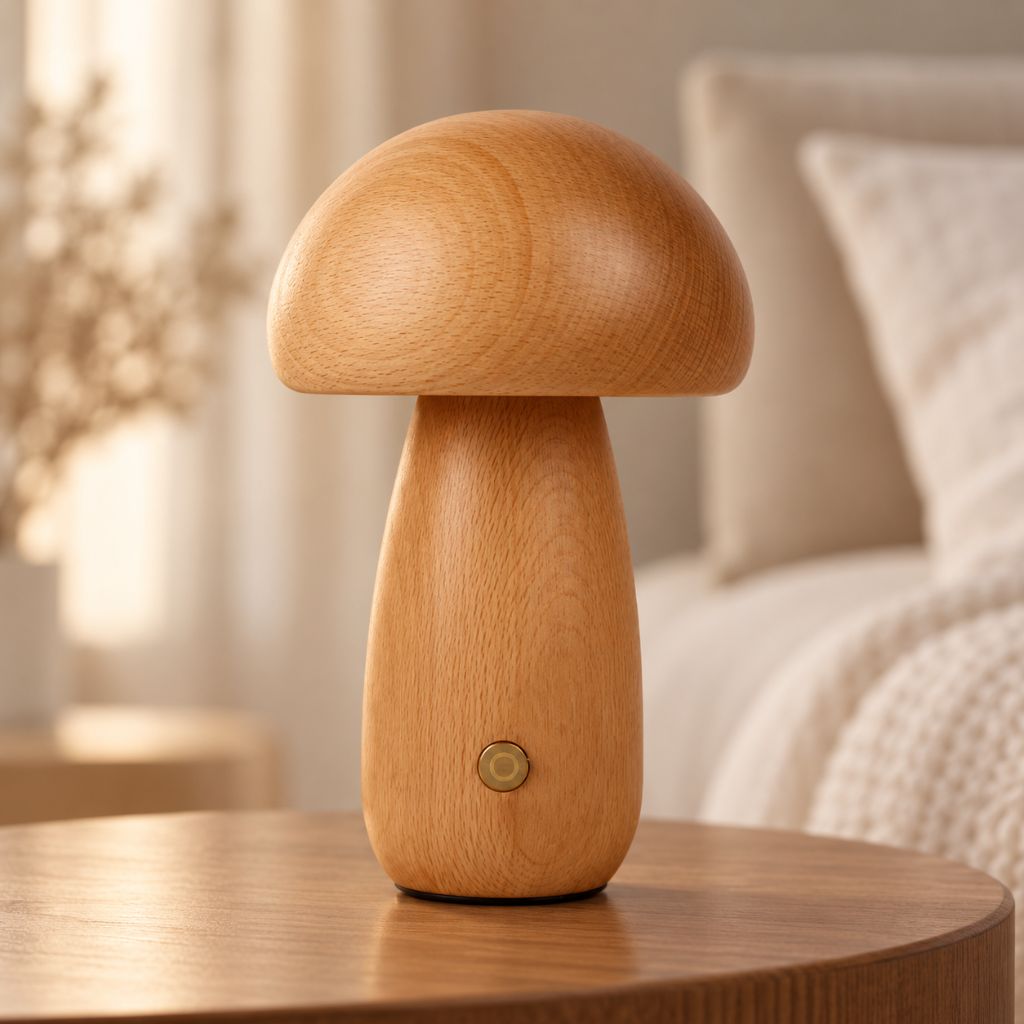 Solid Wood Mushroom LED Night Light with Touch Dimming