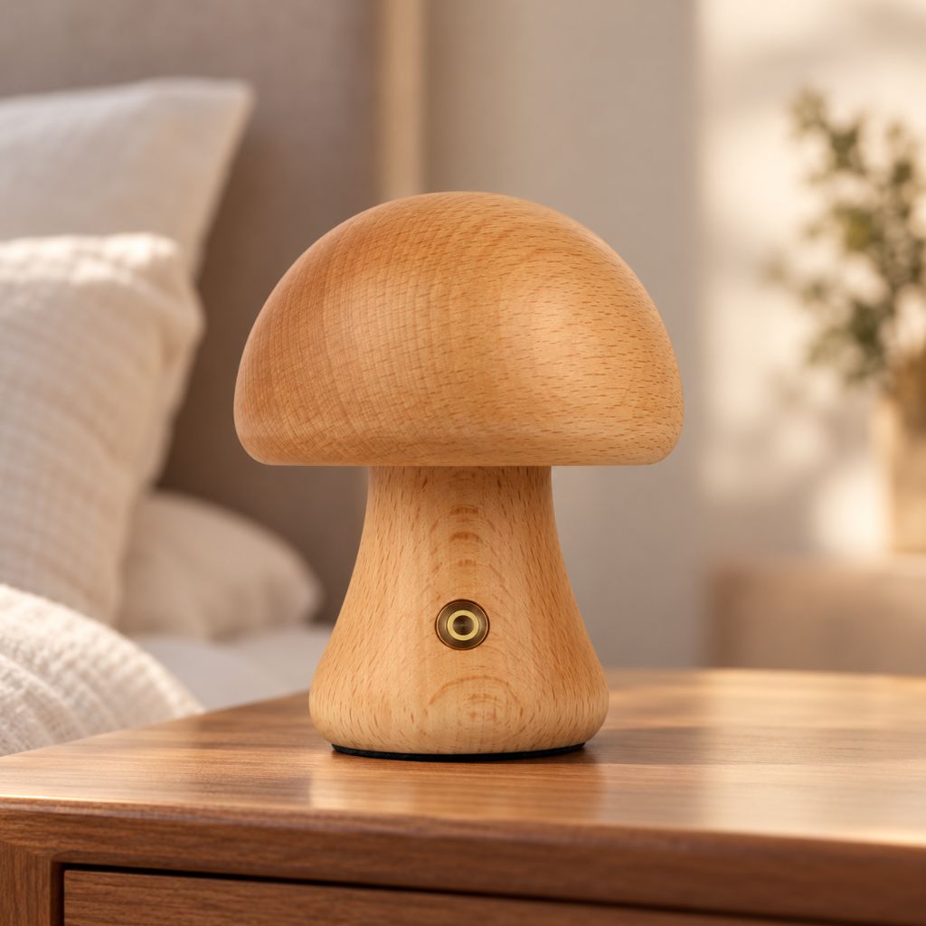 Solid Wood Mushroom LED Night Light with Touch Dimming