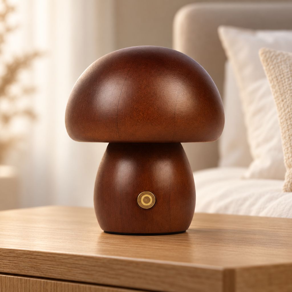 Solid Wood Mushroom LED Night Light with Touch Dimming