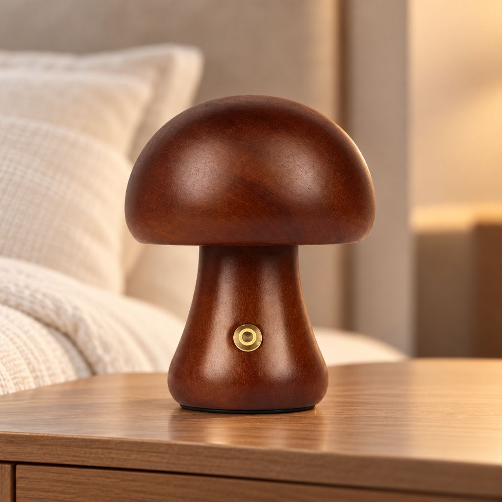 Solid Wood Mushroom LED Night Light with Touch Dimming
