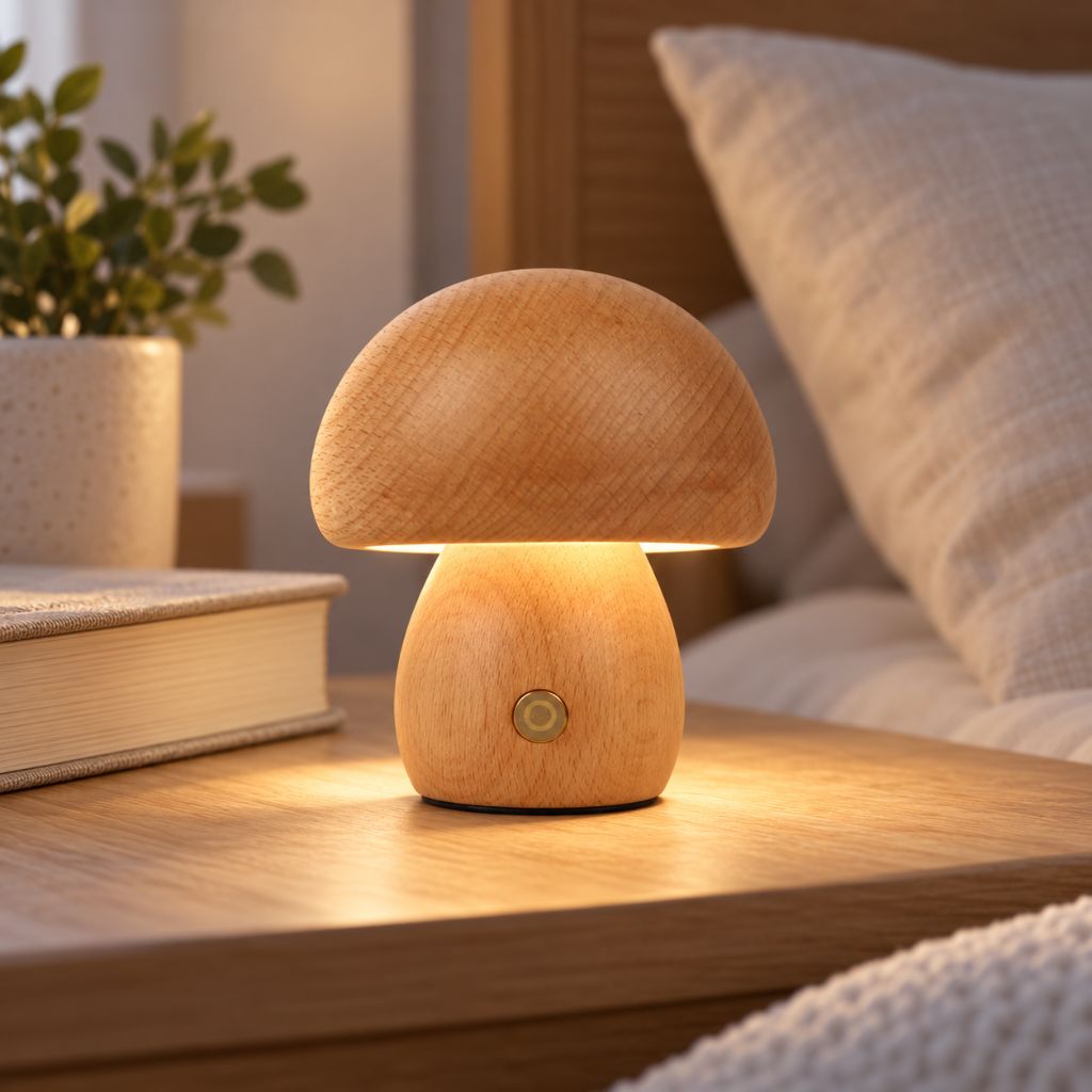Solid Wood Mushroom LED Night Light with Touch Dimming