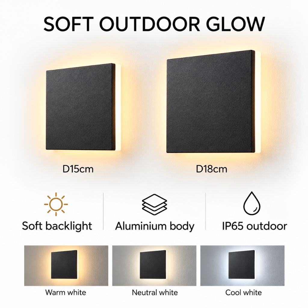 Square Backlit Aluminium Outdoor LED Wall Light IP65 12W