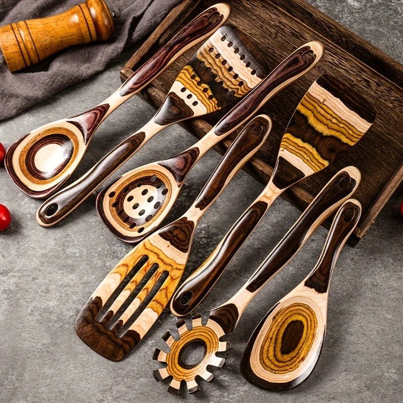 Striped Natural Wood Cooking Utensil Set by Lattea - Lattea Global