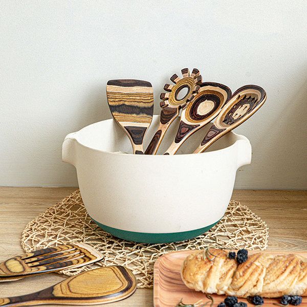 Striped Natural Wood Cooking Utensil Set by Lattea - Lattea Global