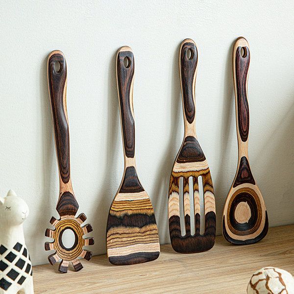 Striped Natural Wood Cooking Utensil Set by Lattea - Lattea Global