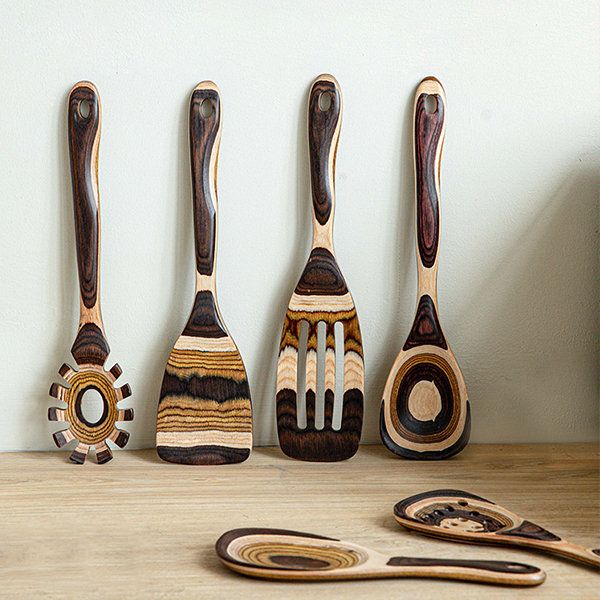 Striped Natural Wood Cooking Utensil Set by Lattea - Lattea Global