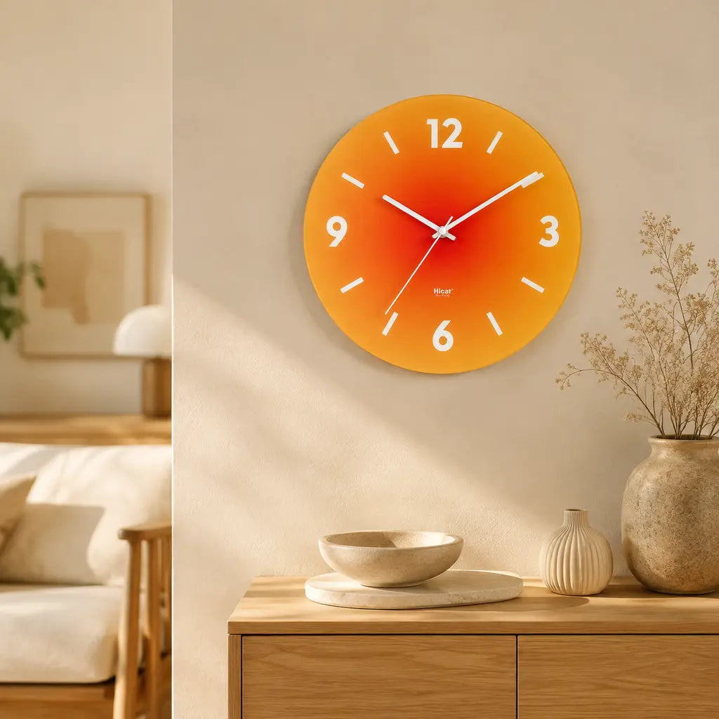 SunAura Sunset-Inspired Glass Wall Clock in a warm Japandi living room
