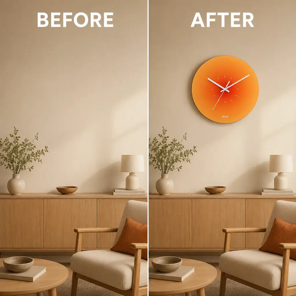 SunAura Sunset-Inspired Glass Wall Clock before and after