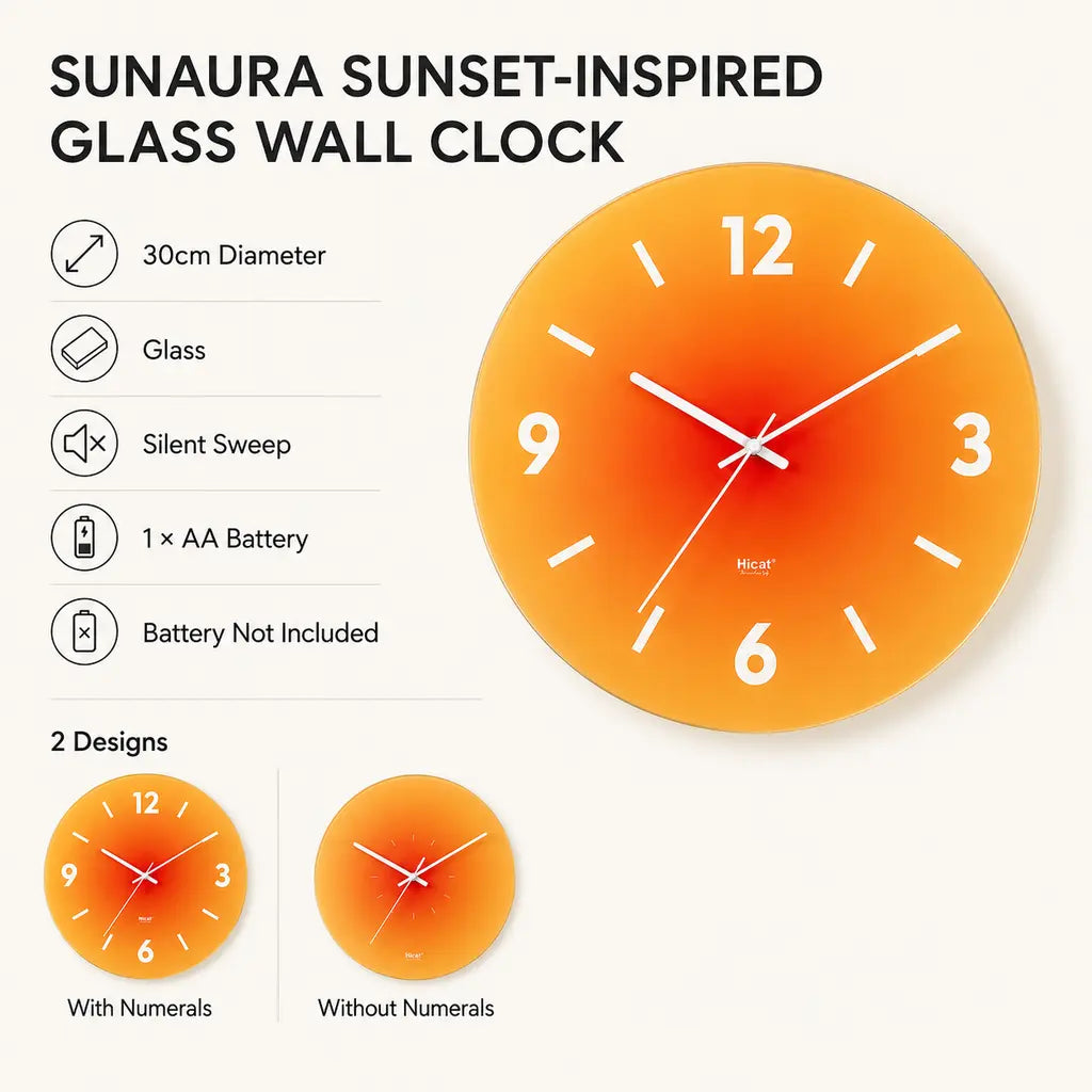 SunAura Sunset-Inspired Glass Wall Clock specifications and designs