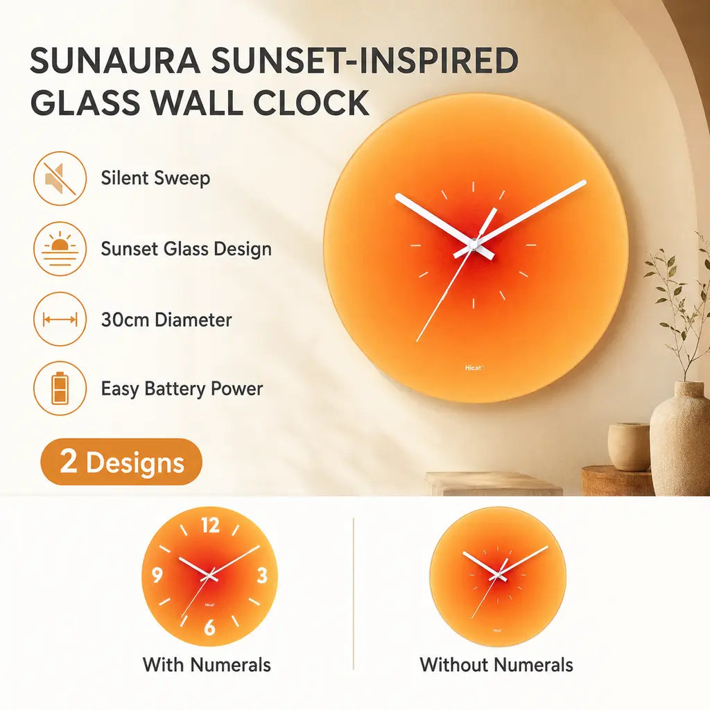 SunAura Sunset-Inspired Glass Wall Clock benefits and designs