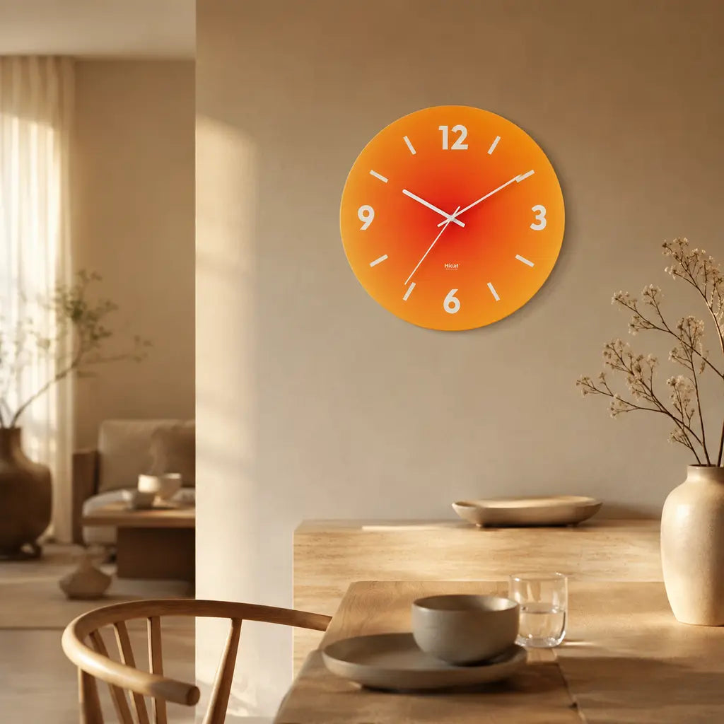 SunAura Sunset-Inspired Glass Wall Clock in a premium modern interior