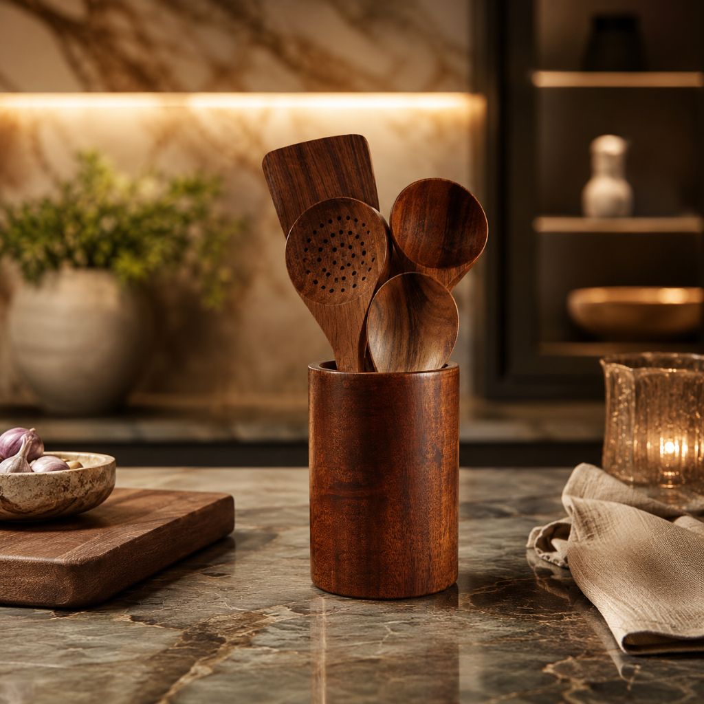 Teak Wood Kitchen Utensil Holder