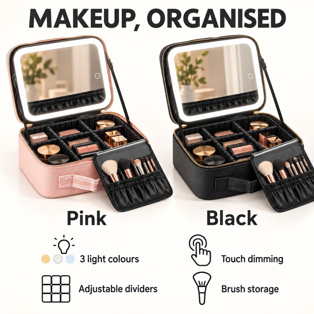 Travel Makeup Case with LED Mirror and Adjustable Dividers