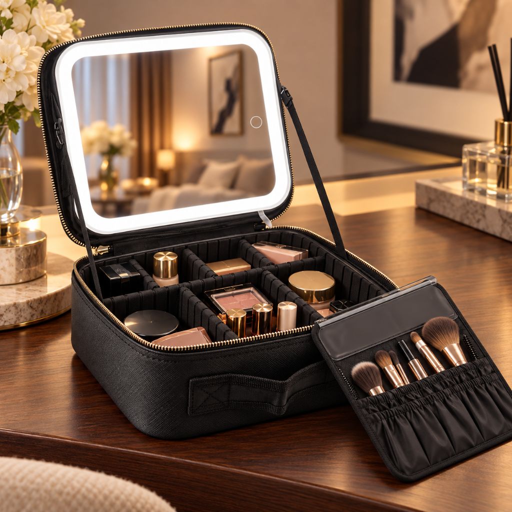 Travel Makeup Case with LED Mirror and Adjustable Dividers