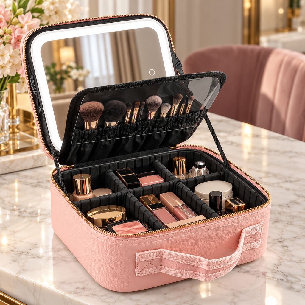 Travel Makeup Case with LED Mirror and Adjustable Dividers