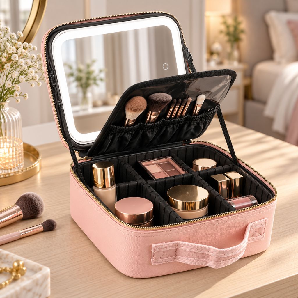 Travel Makeup Case with LED Mirror and Adjustable Dividers