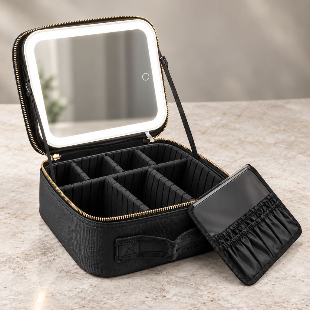Travel Makeup Case with LED Mirror and Adjustable Dividers