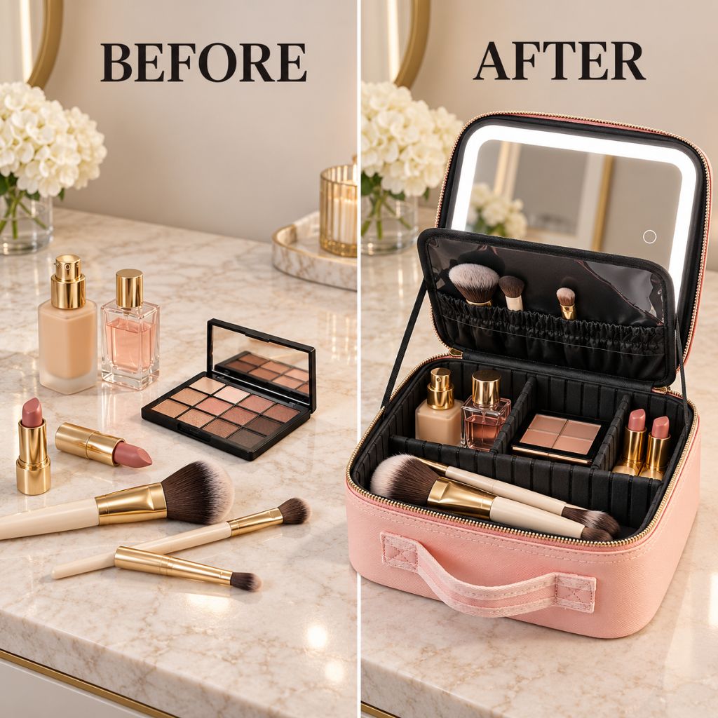 Travel Makeup Case with LED Mirror and Adjustable Dividers