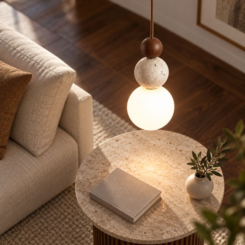 Travertine and Wood Globe Pendant Light with E27 LED Bulb