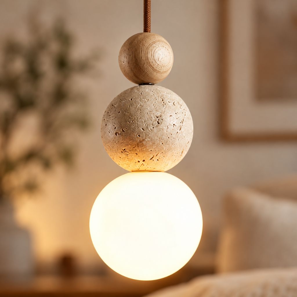 Travertine and Wood Globe Pendant Light with E27 LED Bulb