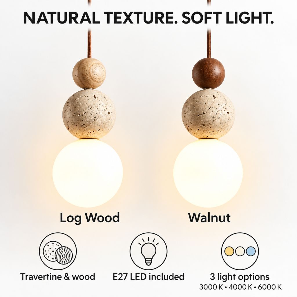 Travertine and Wood Globe Pendant Light with E27 LED Bulb