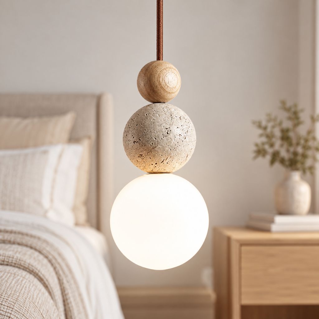 Travertine and Wood Globe Pendant Light with E27 LED Bulb