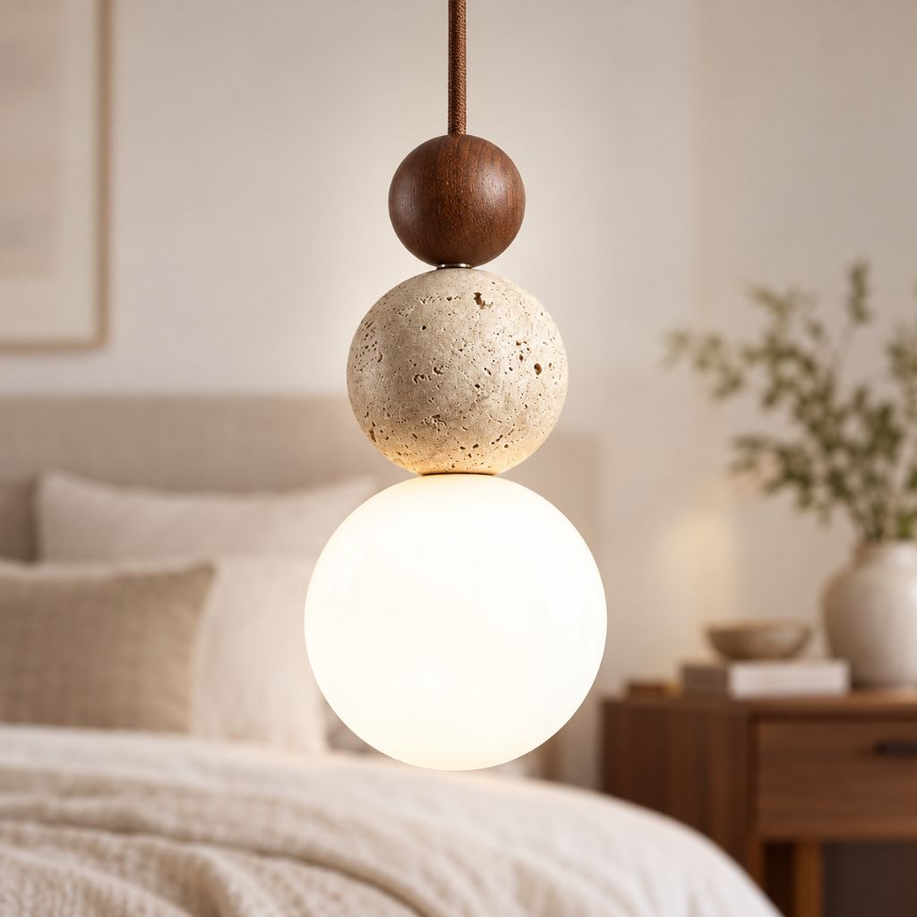 Travertine and Wood Globe Pendant Light with E27 LED Bulb